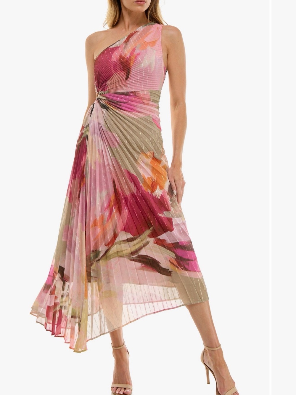 Socialite
Floral Metallic Stripe One-Shoulder Pleated Dress